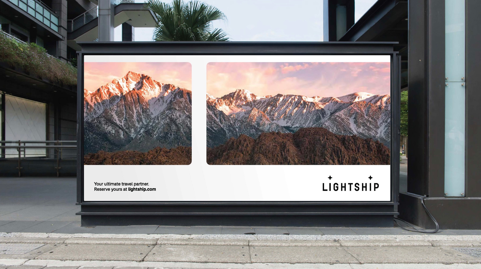 Lightship outdoor advertising concept with two mountain photographs, the wordmark and a travel message.