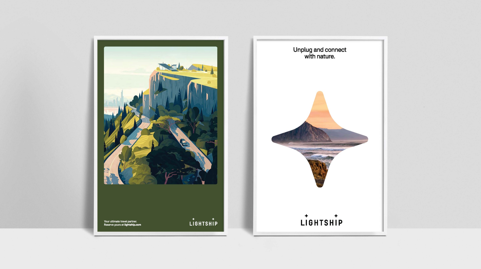 Two Lightship poster concepts: an illustrated road through a landscape and coastal photography framed by the star symbol.