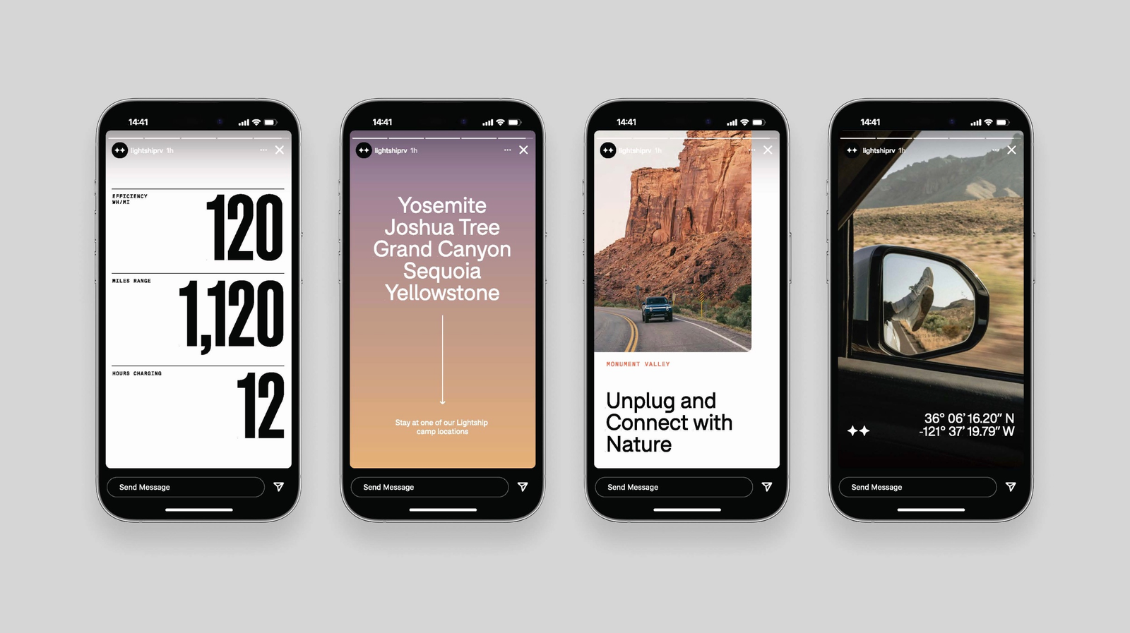 Four Lightship social story mockups exploring product information, destinations and the experience of the road.