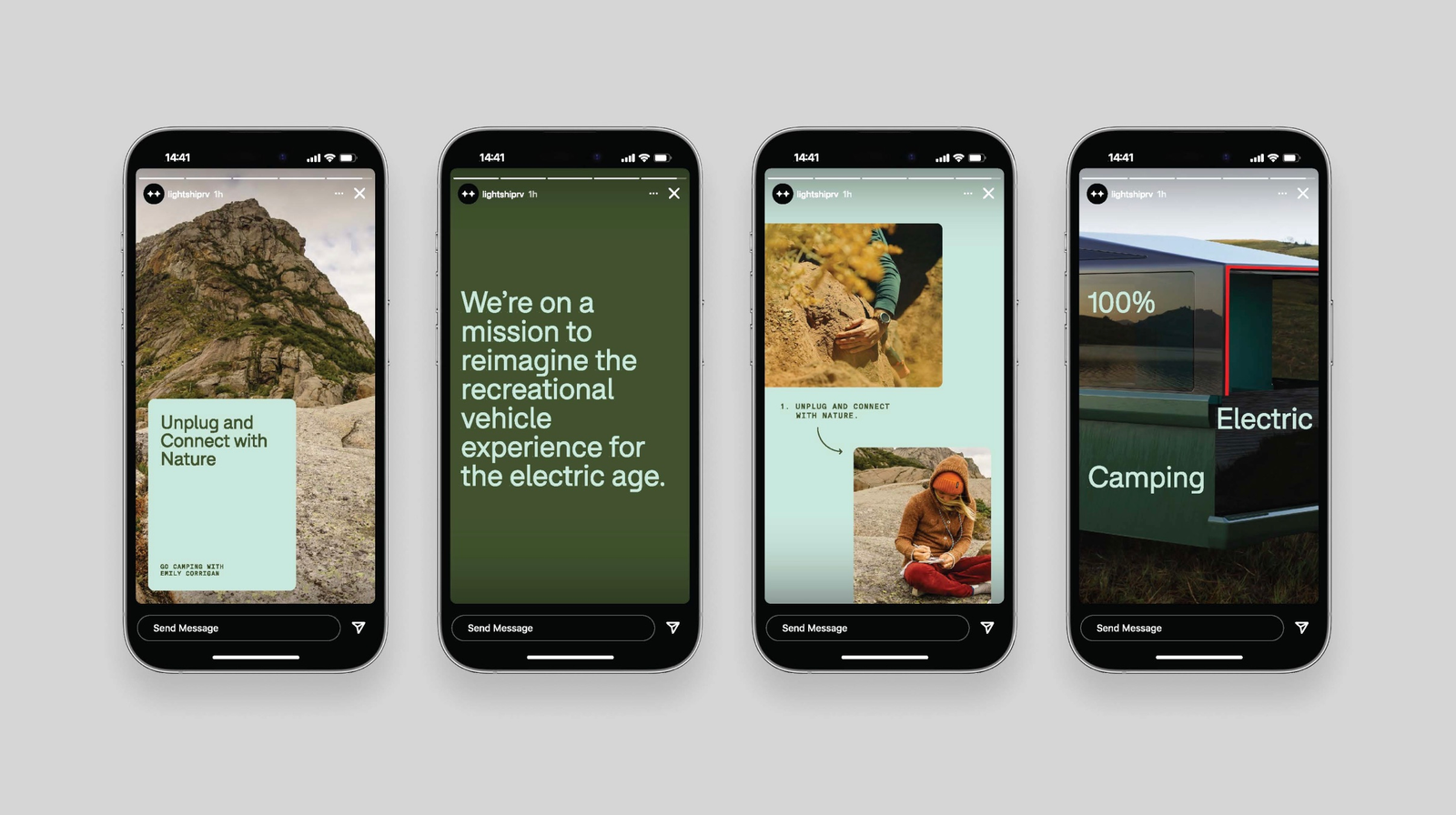 Four Lightship social story mockups connecting electric camping with nature, outdoor activity and the brand mission.