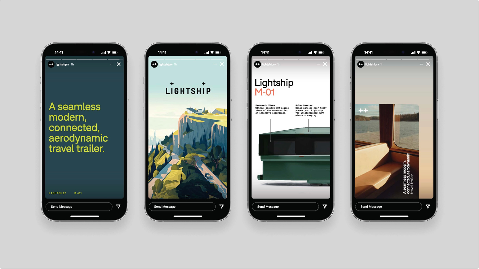 Four Lightship social story mockups combining the identity, landscape illustration, product details and interior photography.