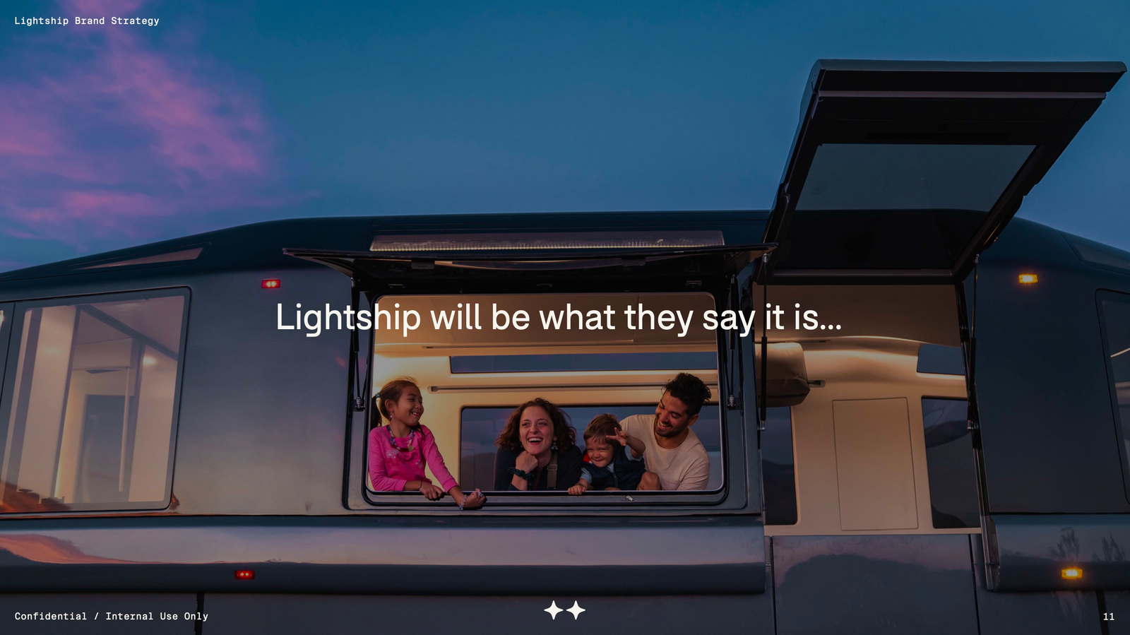 A family gathered in a Lightship trailer at dusk, with the strategy statement that Lightship will be what people say it is.