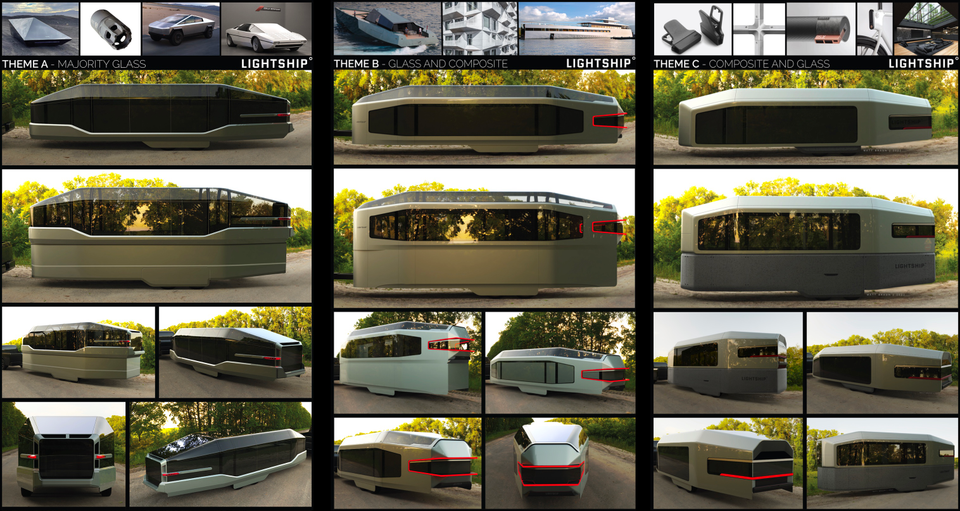Three early Lightship exterior themes compare majority glass, glass and composite, and composite and glass in lowered and raised configurations.