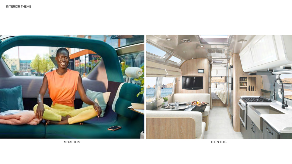 Early Lightship interior direction comparing an open, colorful lounge with the enclosed galley of a conventional travel trailer.
