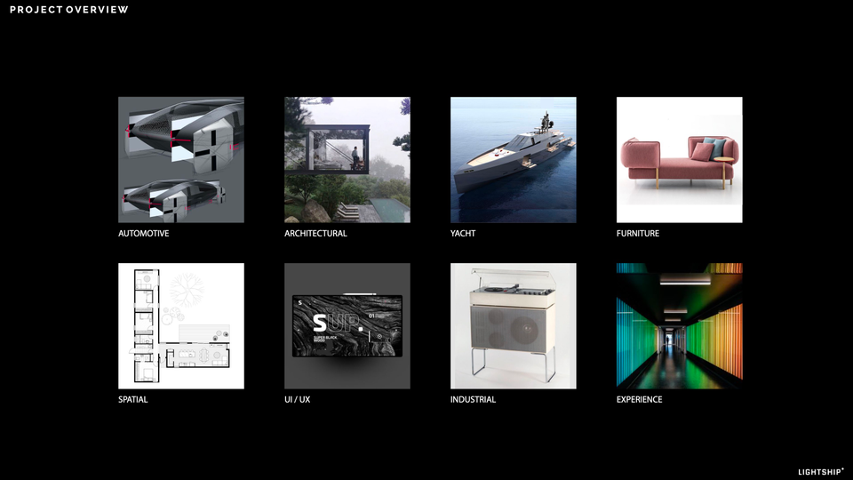 Lightship project overview bringing together automotive, architecture, yacht, furniture, spatial, interface, industrial and experience design.