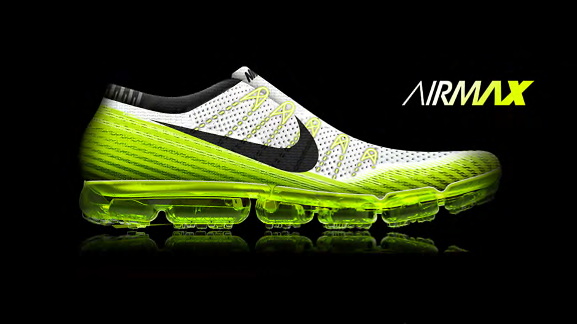 Air Max presentation from Rob’s portfolio: white and volt upper, black Swoosh and full-length visible Air cushioning on a black background.