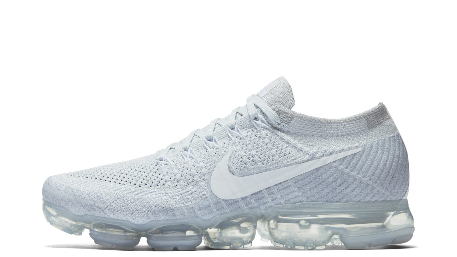 Nike Air VaporMax in Pure Platinum, with a Flyknit upper over transparent Air chambers. Official first-generation launch photograph.