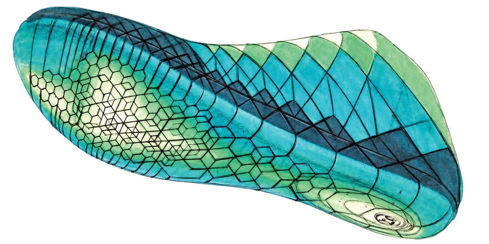 Cyan knit and hexagonal flex zones, top view