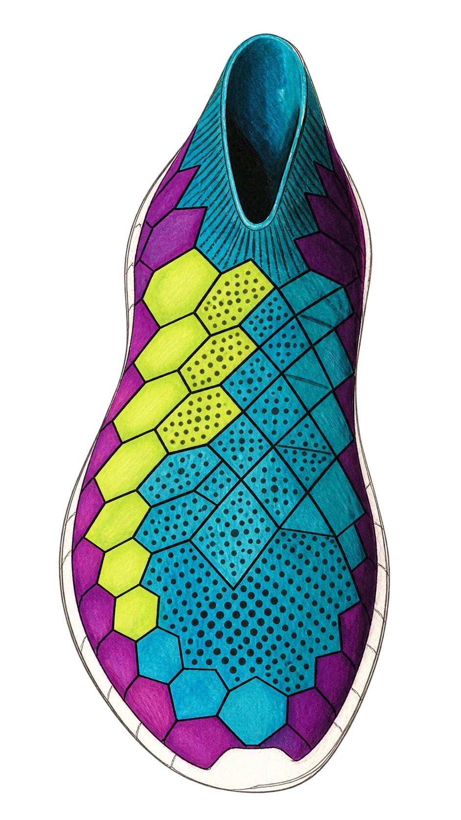 Multicolor hexagonal upper, top view