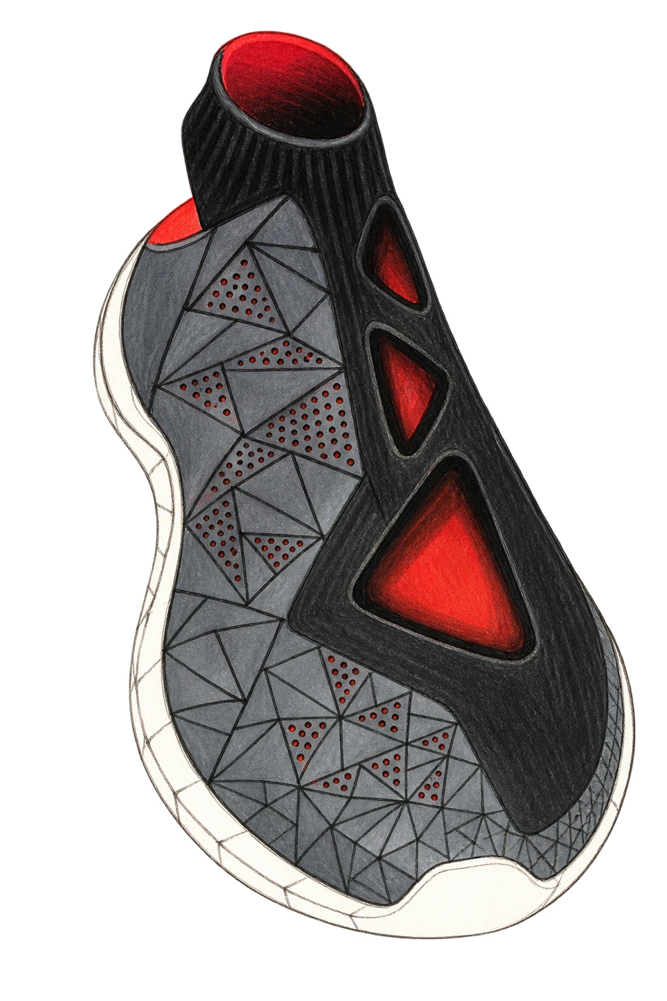 Charcoal and red sock construction, top view