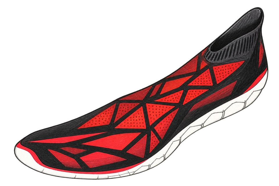 Red and black sock construction, side view