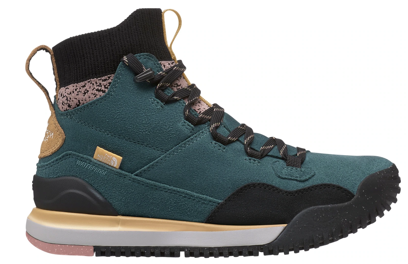 Teal Back to Berkeley boot in side view with a knitted collar and mustard heel loop.