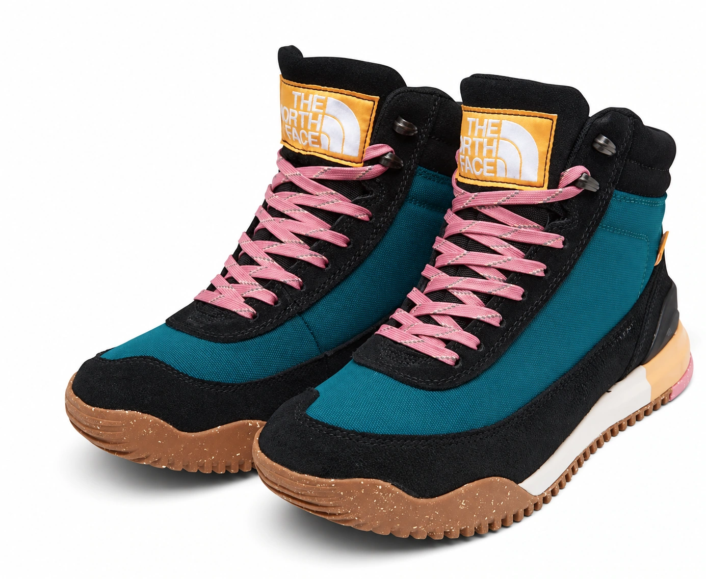 Teal and black Back to Berkeley high-top pair with pink laces and gum soles.