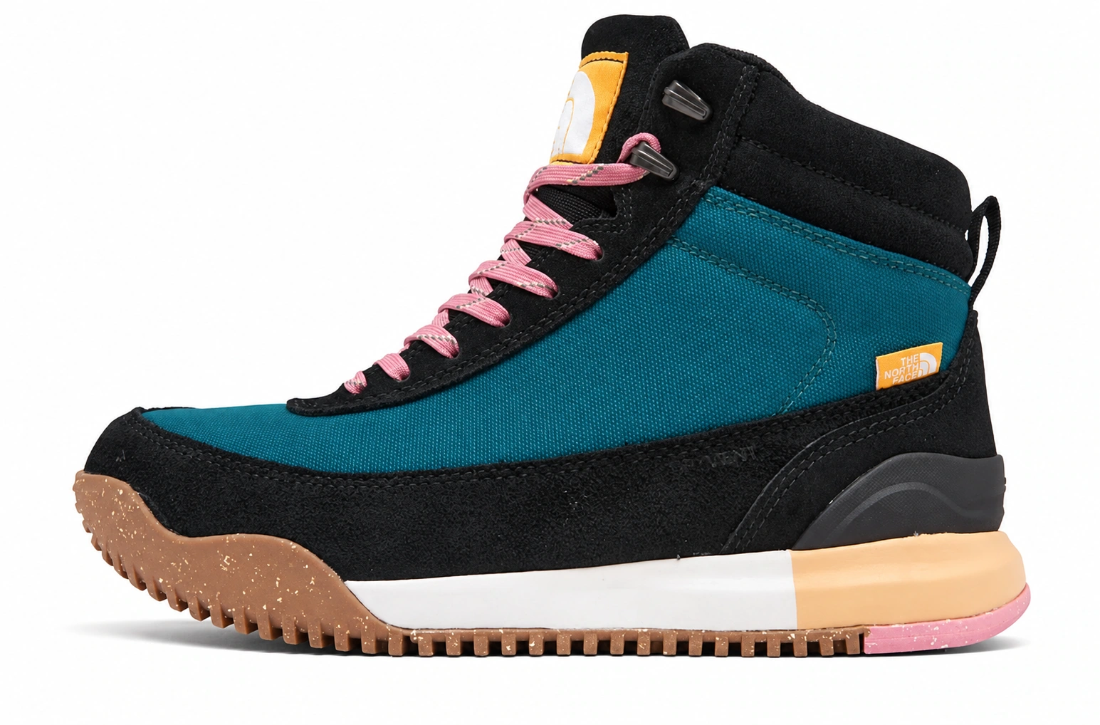 Back to Berkeley high-top in side view, with pink laces and teal panels.