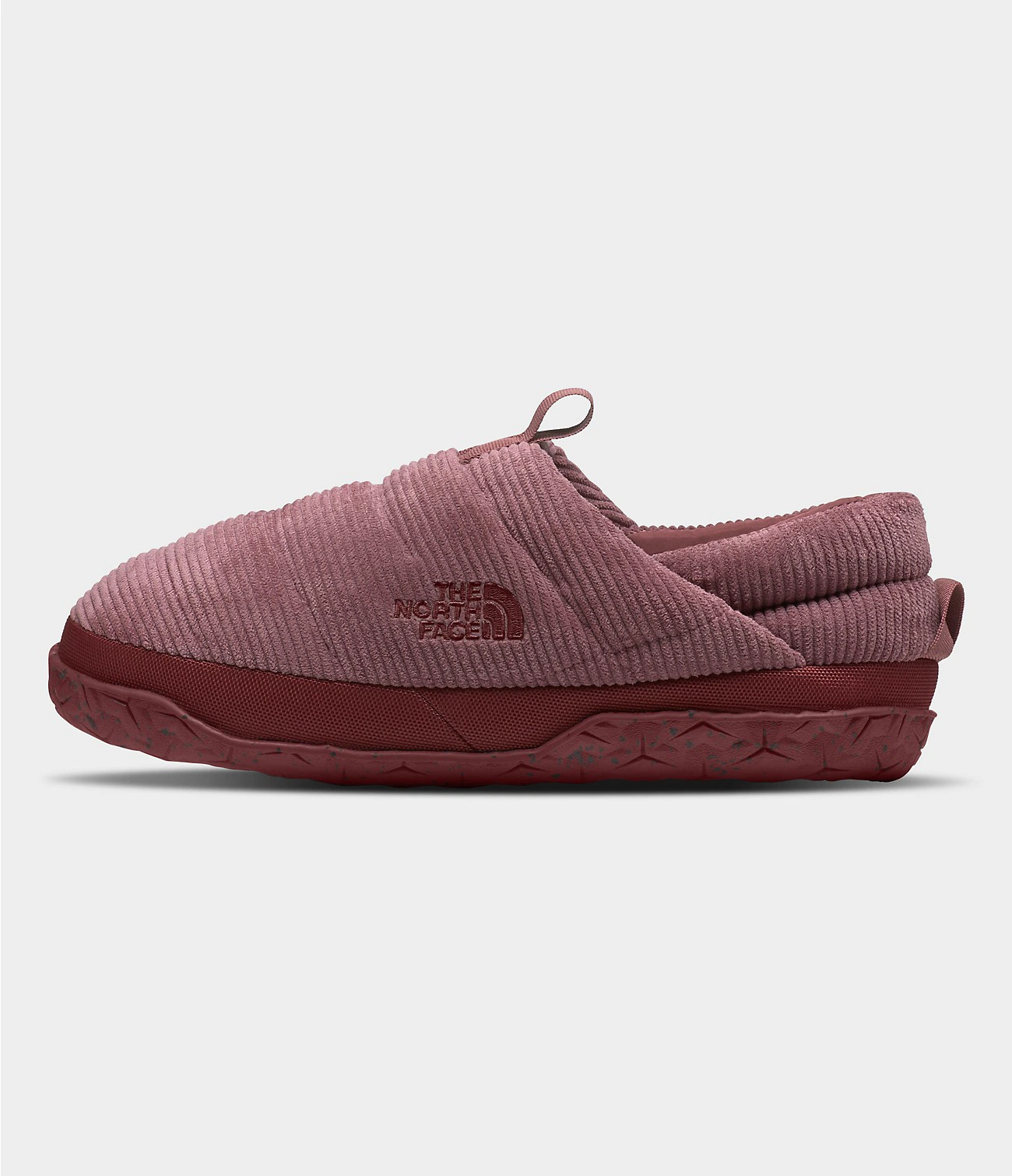 Burgundy camp slip-on shoe with a padded upper and heel pull tab.