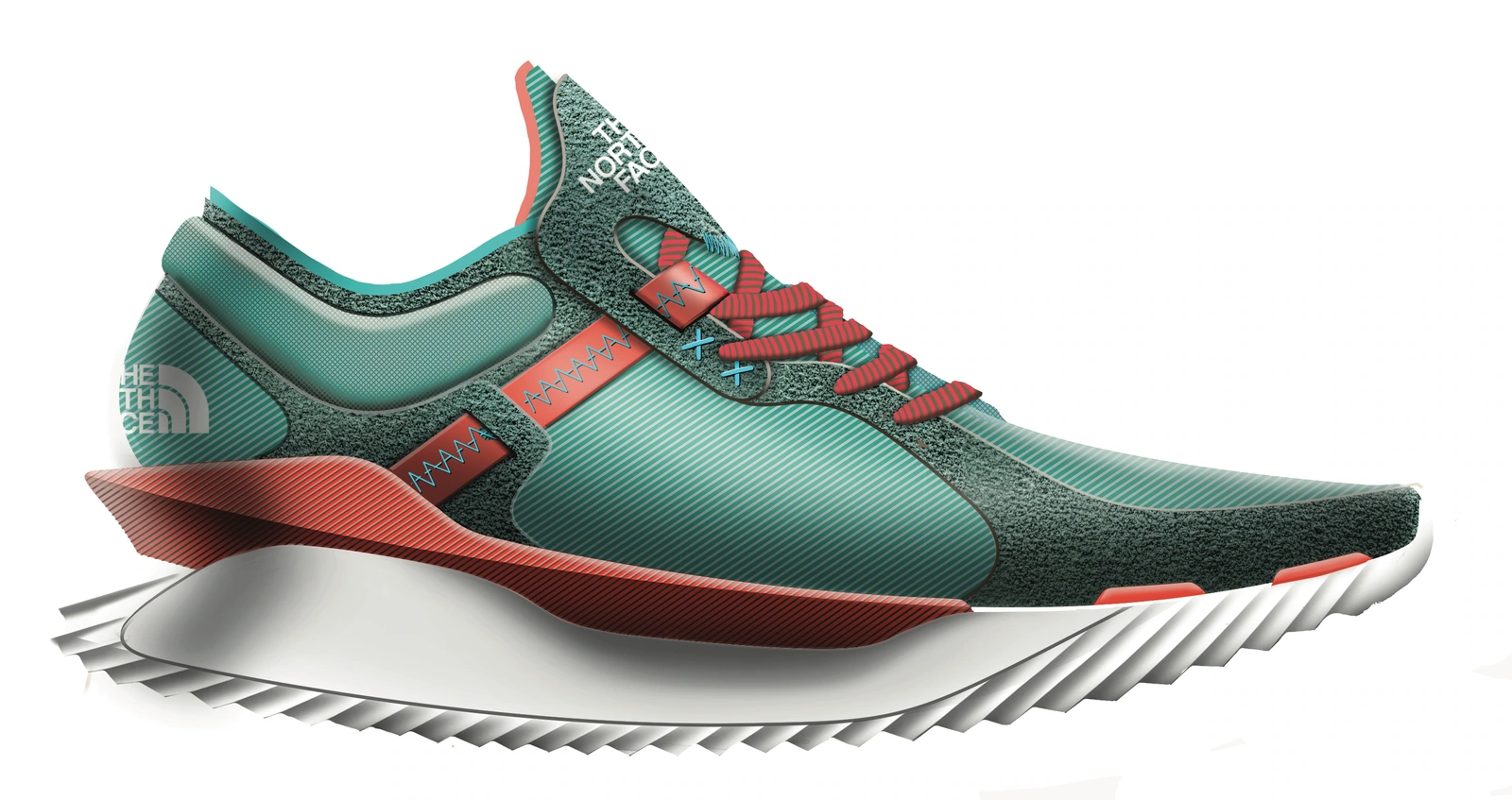 Escape Trail FUTURELIGHT development render, with a green mesh upper, coral support pieces and a sculpted white sole.