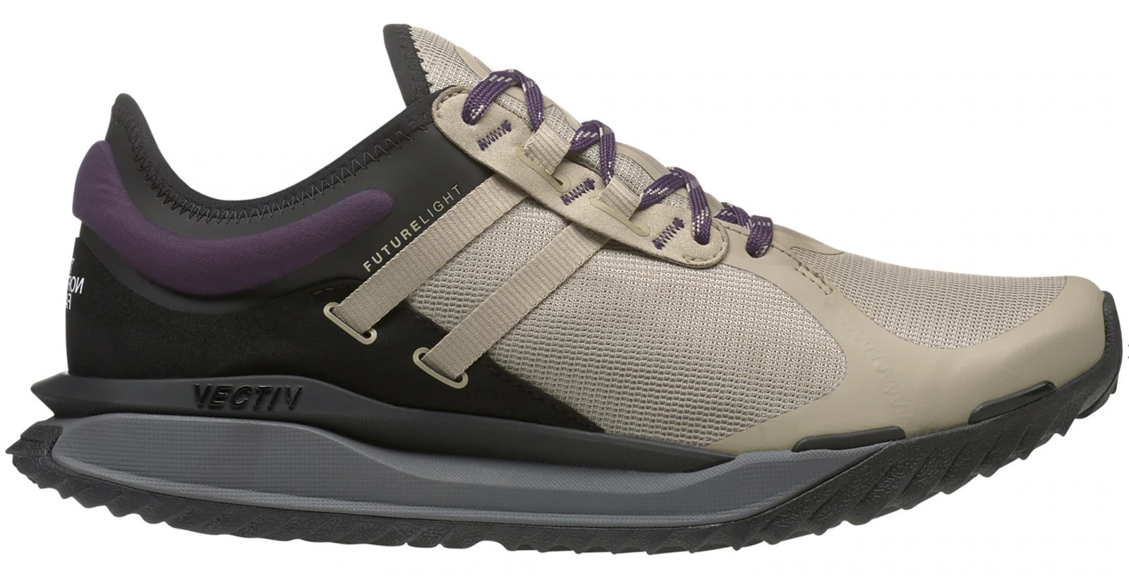 Beige and purple Escape Trail FUTURELIGHT shoe in side view.