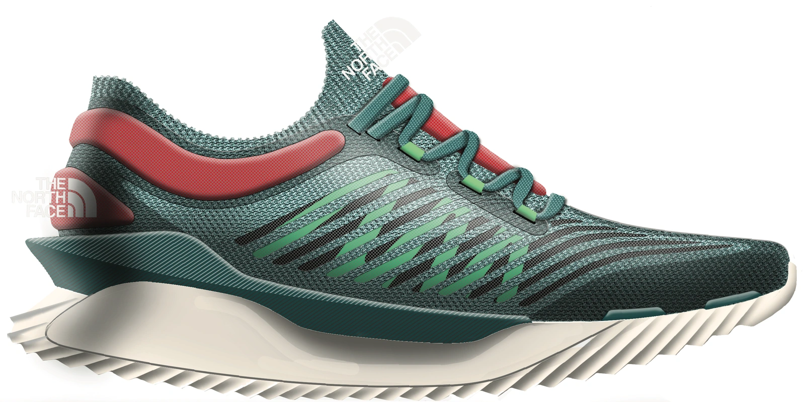 Escape Trail Knit development render, with a green knitted upper, coral collar and white sole.