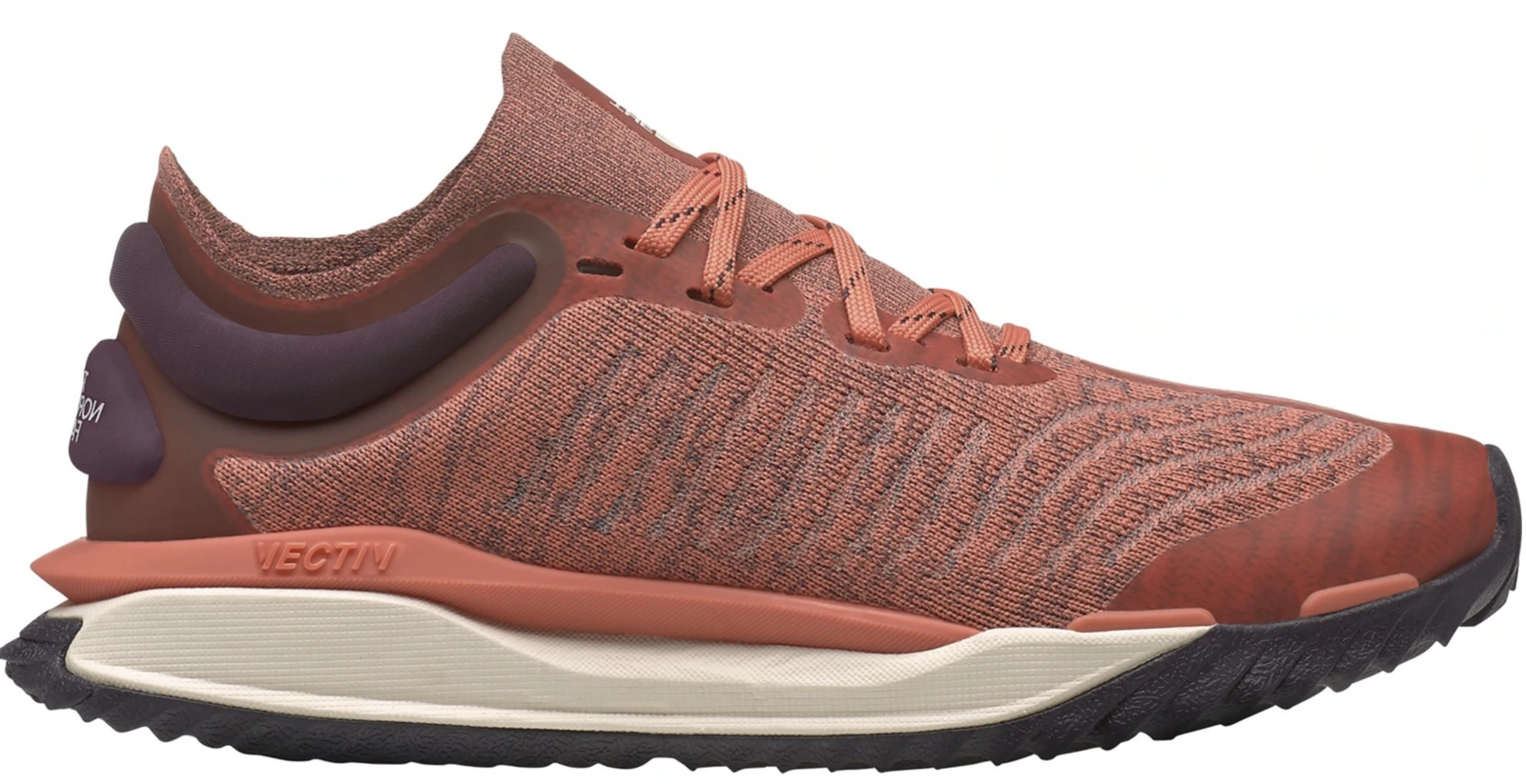 Coral Escape Trail Knit shoe in side view, with a cream midsole.