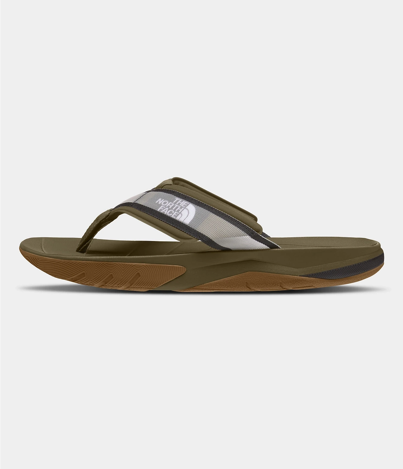 Olive flip-flop with a patterned footbed and toe-post strap.