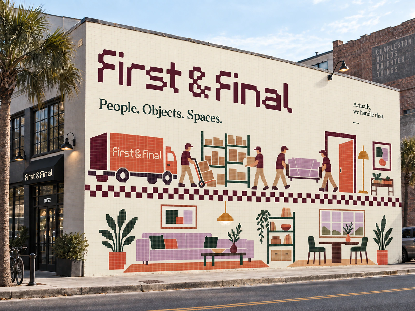 Cream exterior mural with the latest First & Final wordmark and illustrated moving crew, truck, furniture and plants