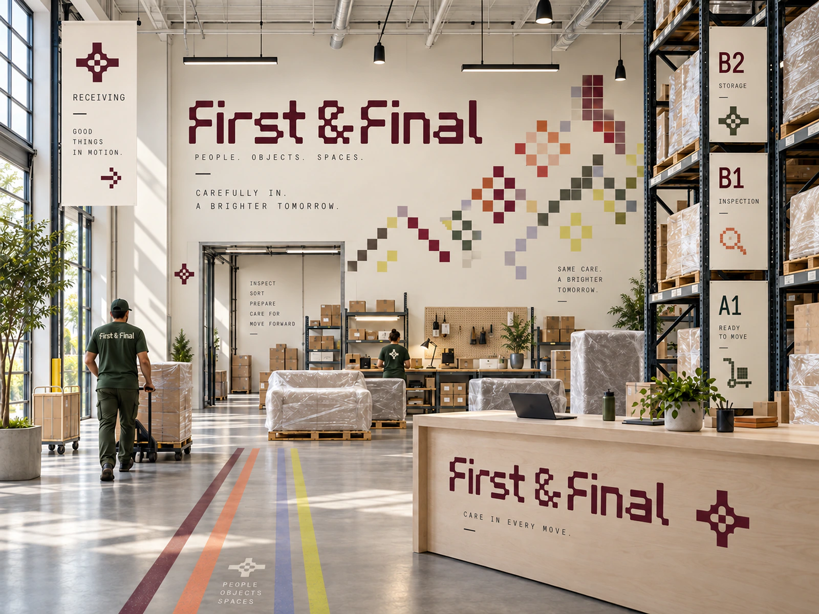 First & Final warehouse with the final identity, receiving signage, storage markers and branded reception desk
