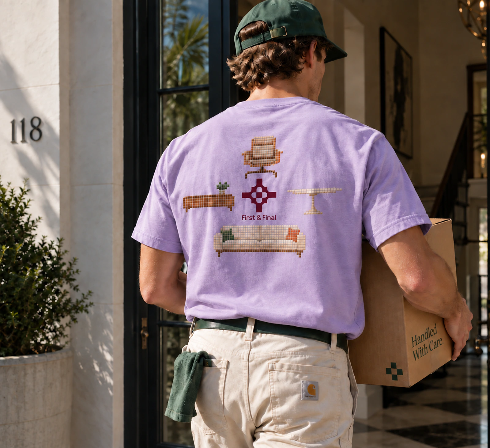 Lavender First & Final workwear with stacked furniture illustrations and the oxblood symbol and wordmark