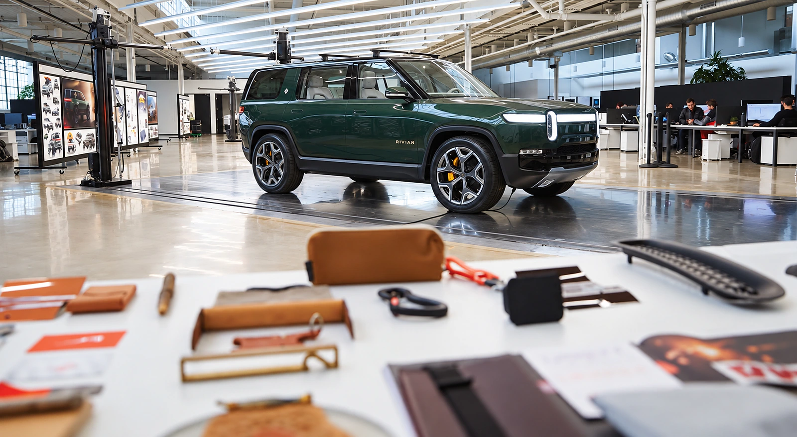 Rivian design studio with a green R1S surrounded by product development and material work.