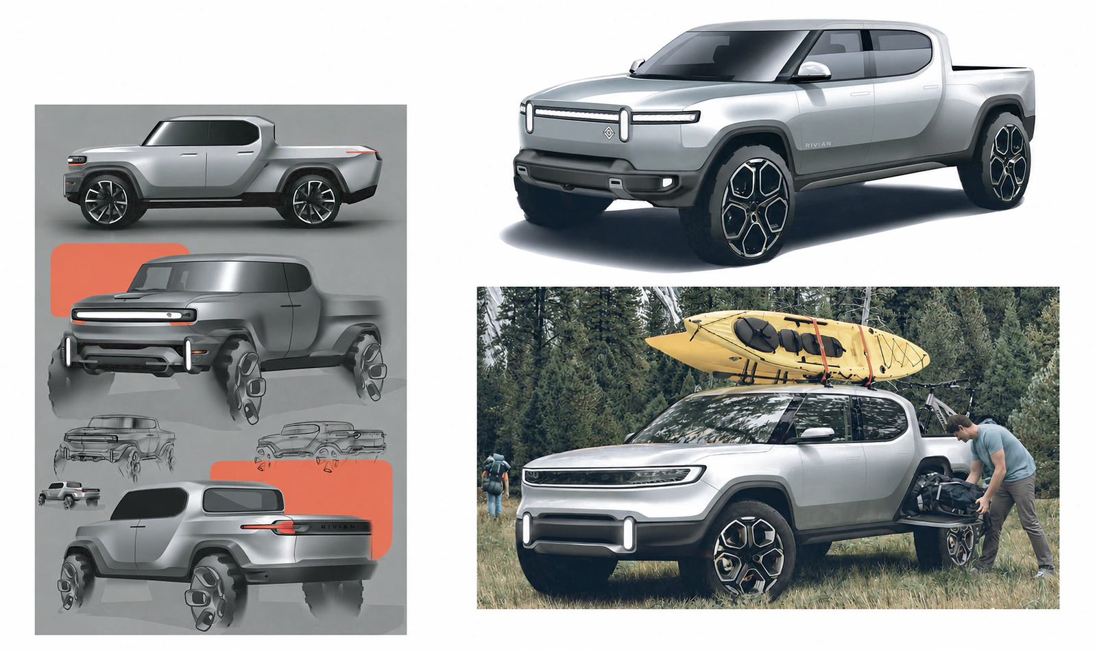 Rivian concept development board with early truck sketches, digital renderings and an outdoor use study.