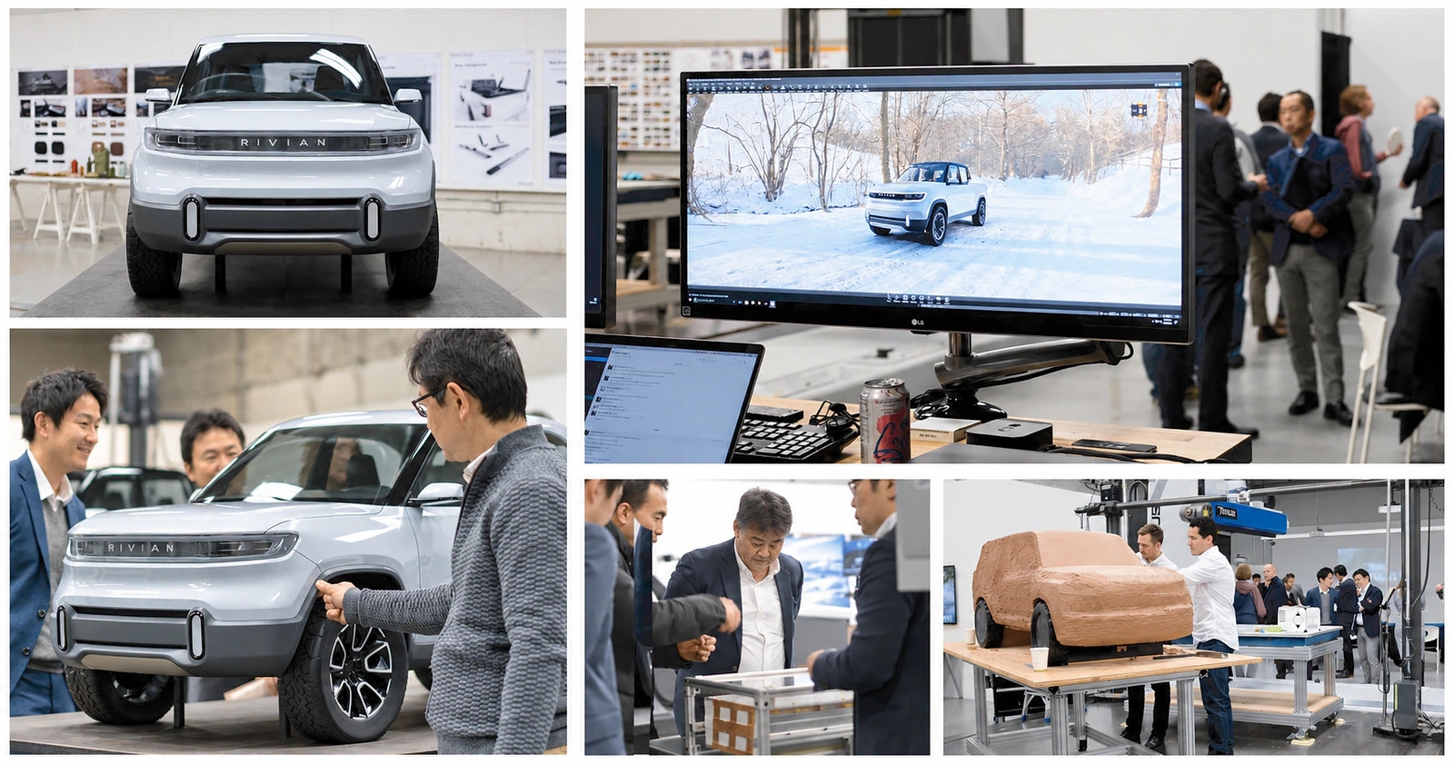 Rivian design review showing vehicle prototypes, digital visualization and a clay model in the studio.
