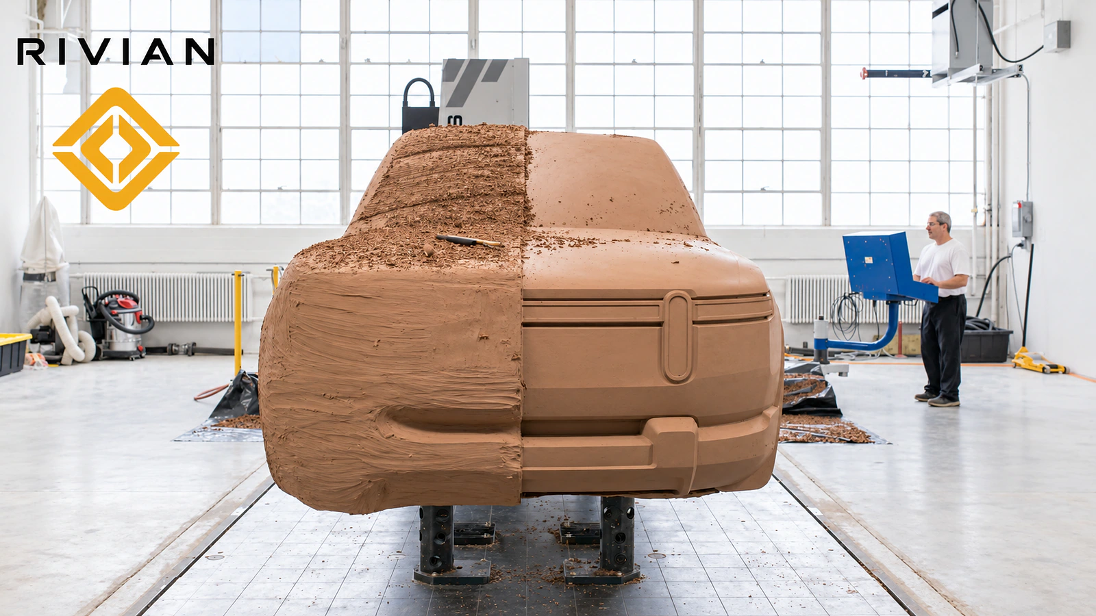 Front view of a Rivian clay model showing rough and refined surfacing during physical development.