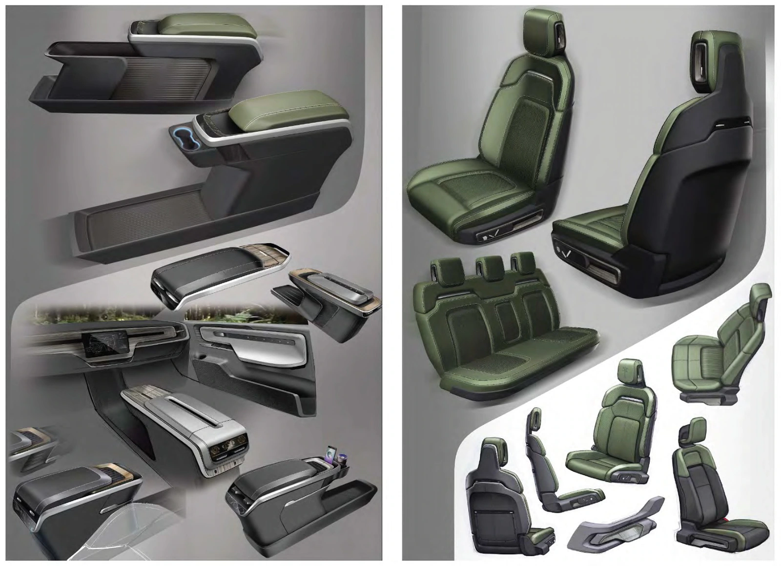 Rivian interior development board showing center-console, door, seating and headrest studies.