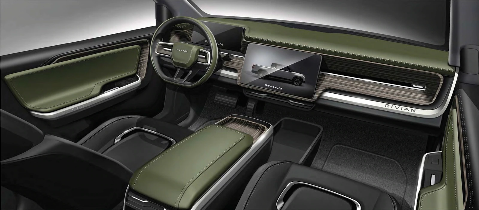 Early Rivian interior design rendering with green upholstery, wood trim and central display.
