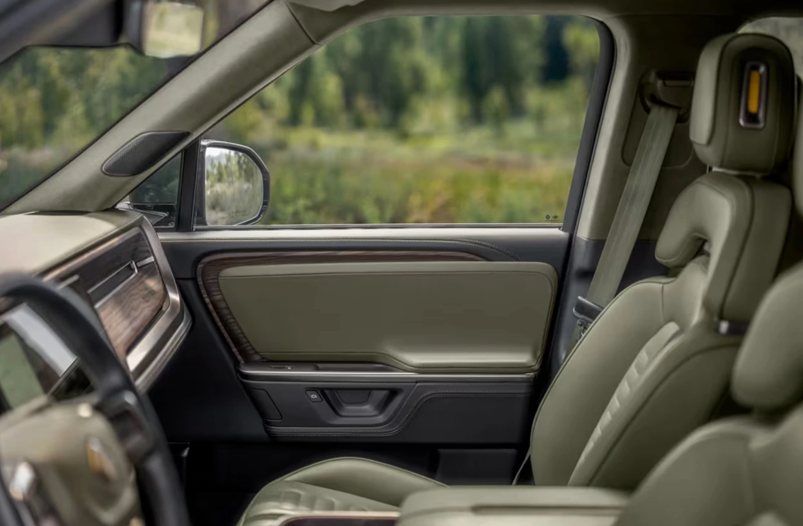Finished Rivian interior showing passenger-side door, wood trim and green seating in a natural landscape.