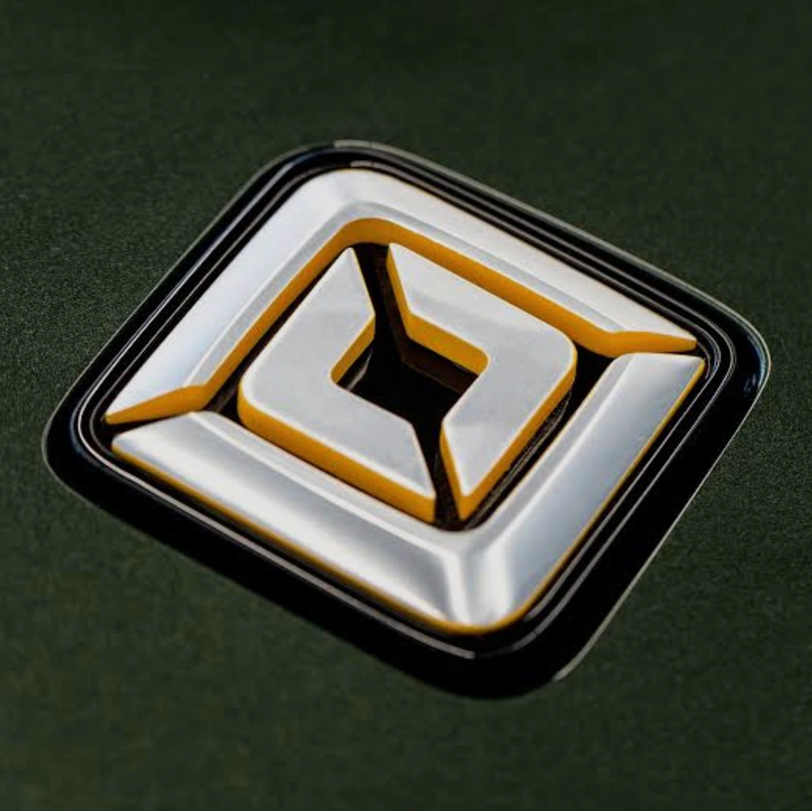 Close-up of the Rivian compass badge.