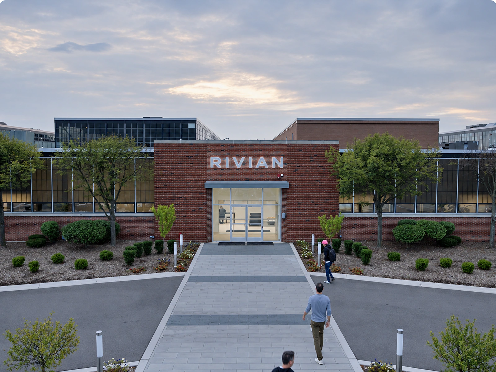 Exterior of Rivian’s first headquarters in a historic Albert Kahn factory in Plymouth, Michigan.
