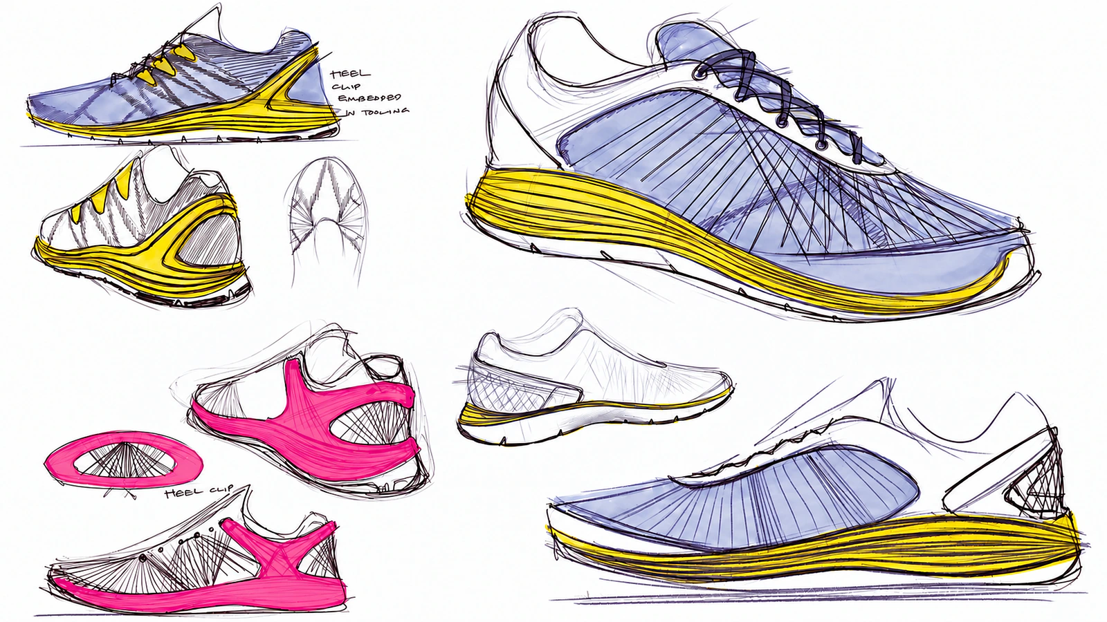 Nike Running footwear sketch sheet exploring layered midsoles, heel structures and upper geometry.