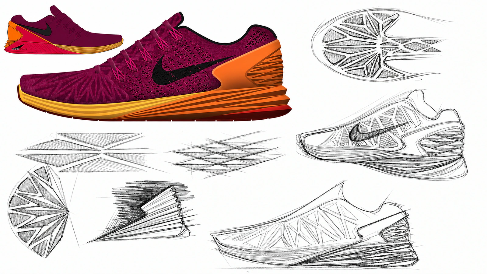 Nike Running rendered concept with red and orange cushioning alongside development sketches.