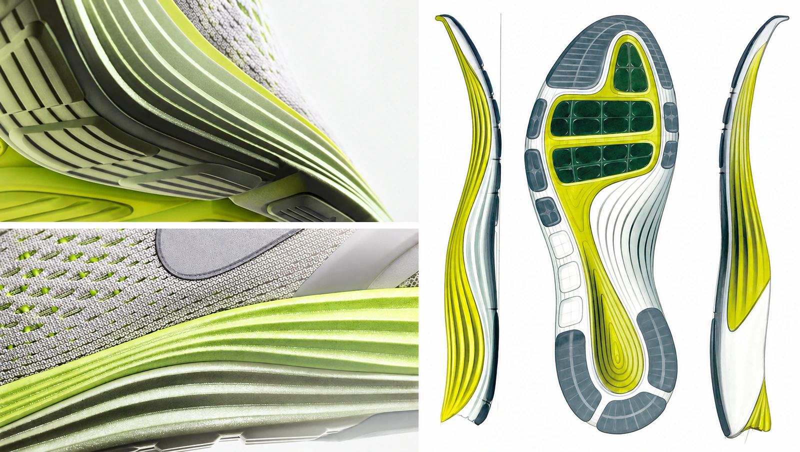 Nike Running midsole and outsole development showing layered cushioning and sole sketches.