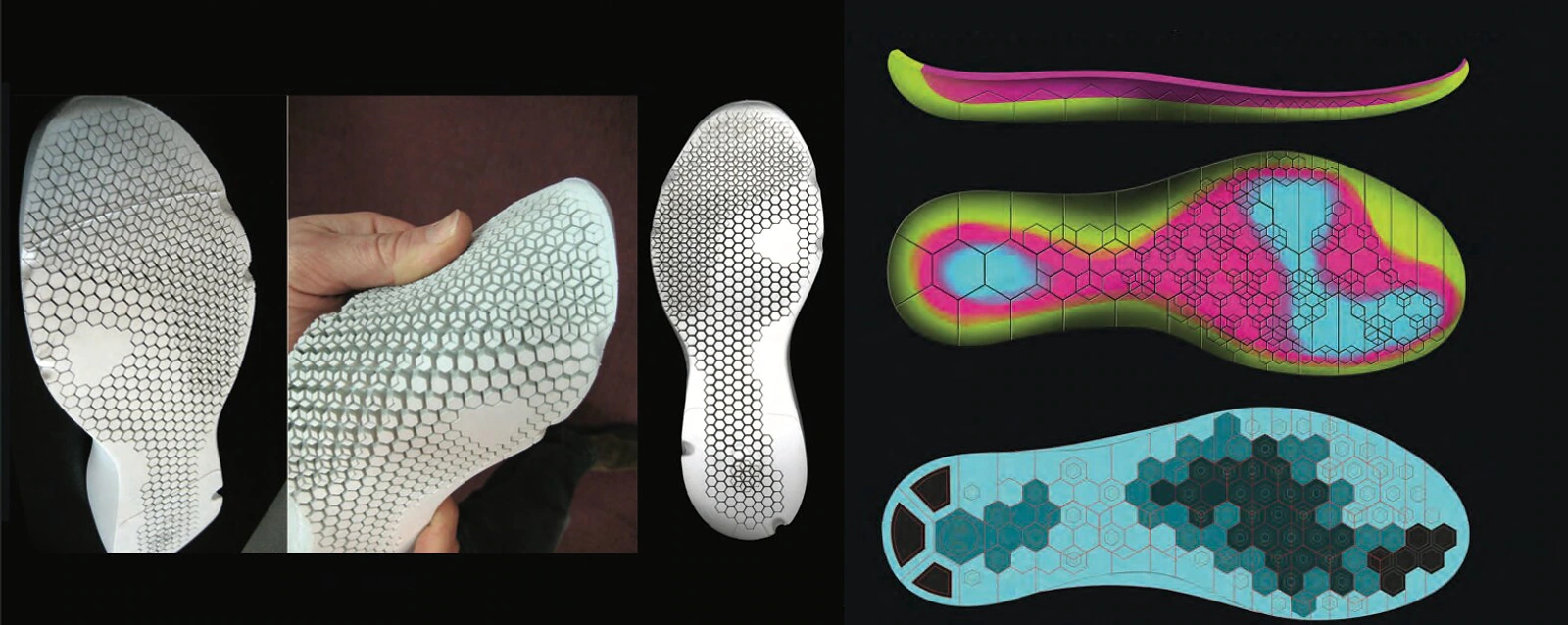 Nike flex sole studies showing honeycomb structure, flexibility prototype and mapped pressure zones.