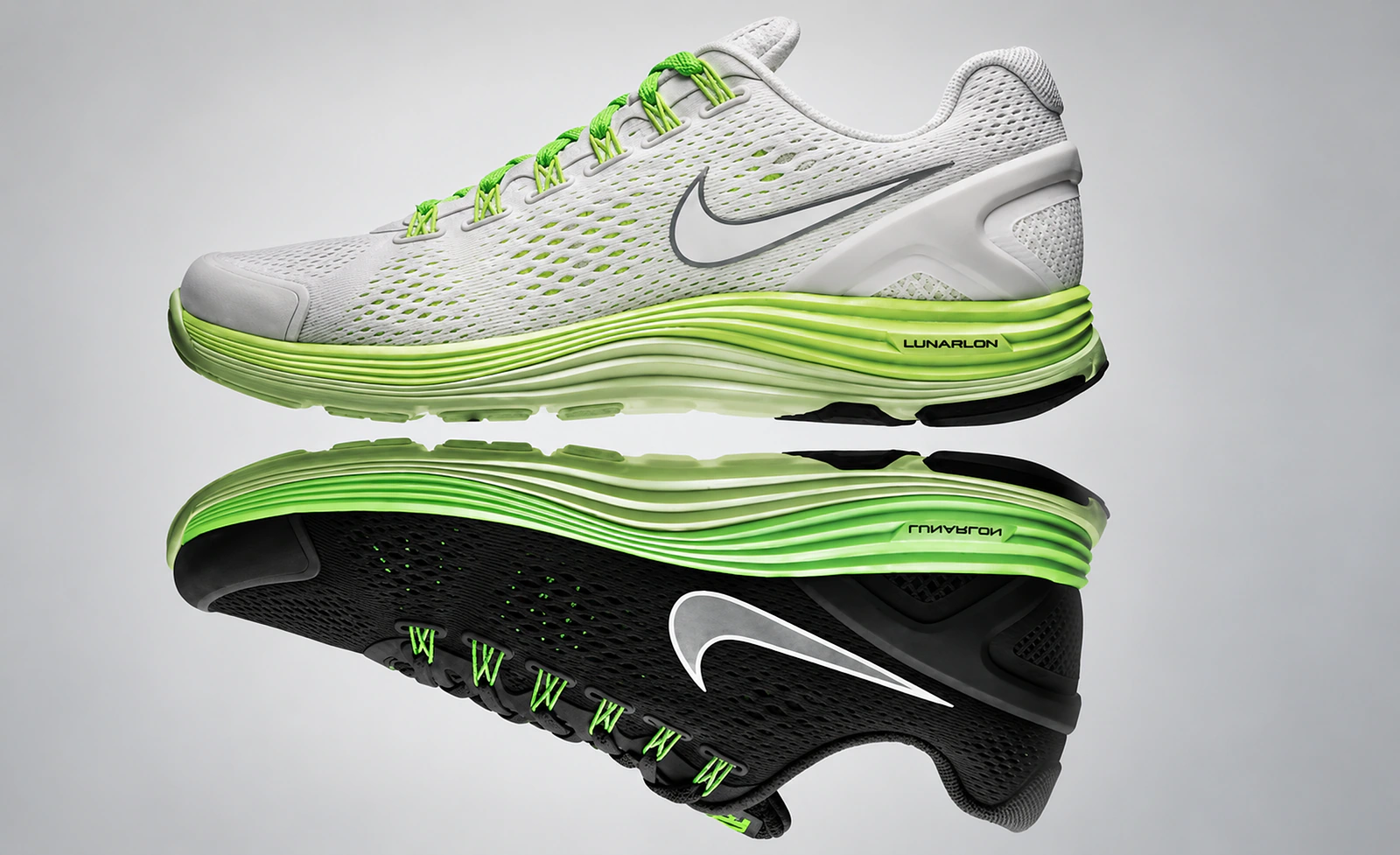 Nike Running footwear concepts using layered green Lunarlon cushioning.