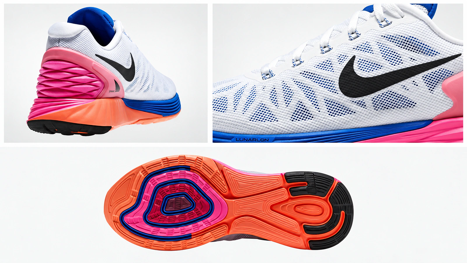 Nike Running shoe detail views showing upper mesh, sculpted heel cushioning and outsole.