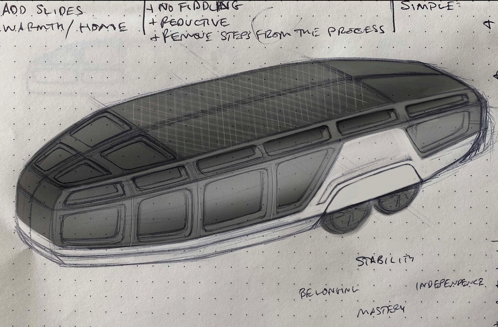 Early Lightship exterior sketch exploring a low, architectural trailer form and long glass canopy.
