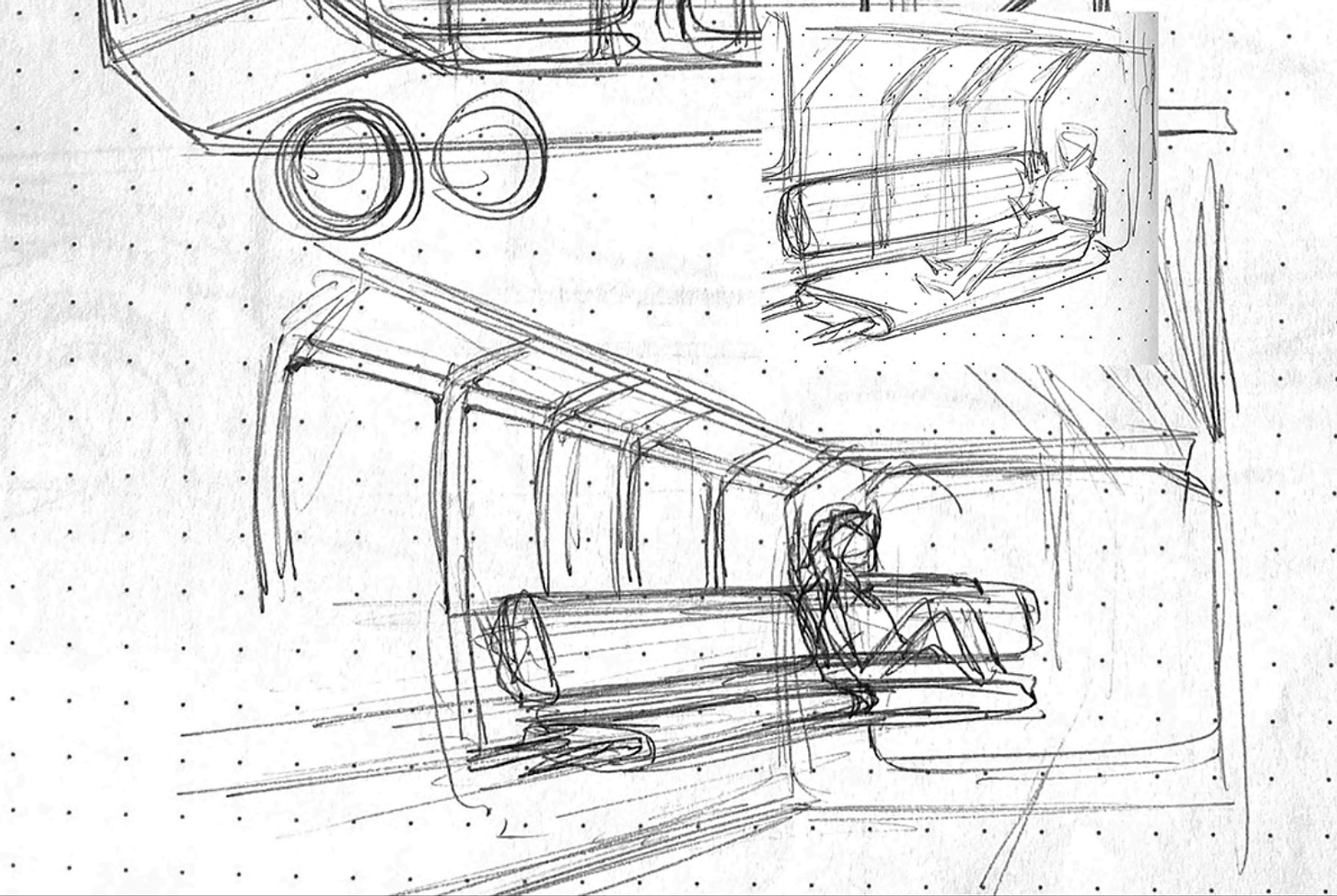 Early Lightship interior sketch exploring panoramic glazing, lounge seating and an open living space.
