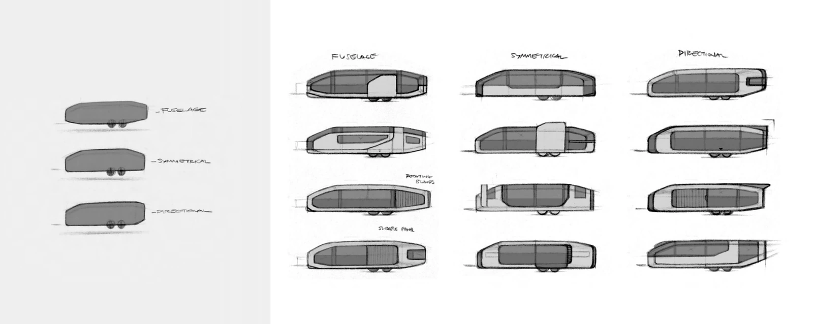 Early Lightship side-profile studies comparing fuselage, symmetrical and directional trailer architectures.