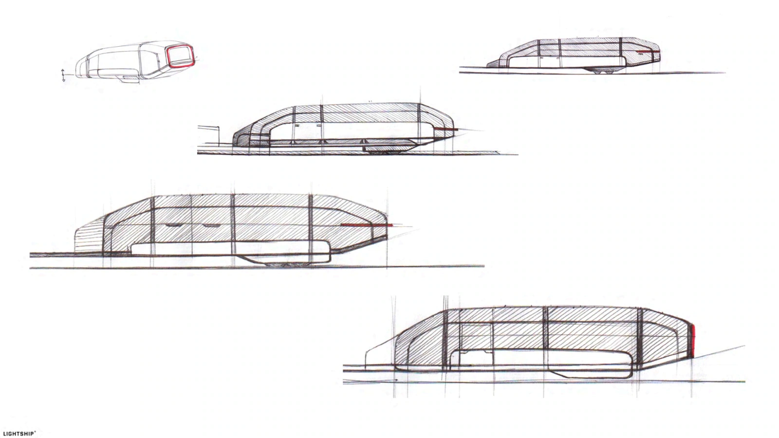 Early Lightship side and perspective sketches refining trailer length, roofline, window volume and stance.