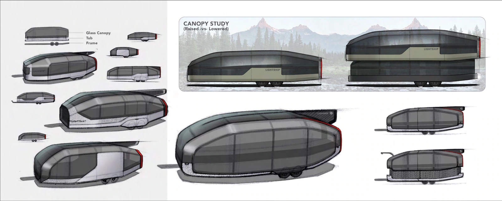 Early Lightship canopy study comparing lowered Road Mode and raised Camp Mode alongside exterior form studies.