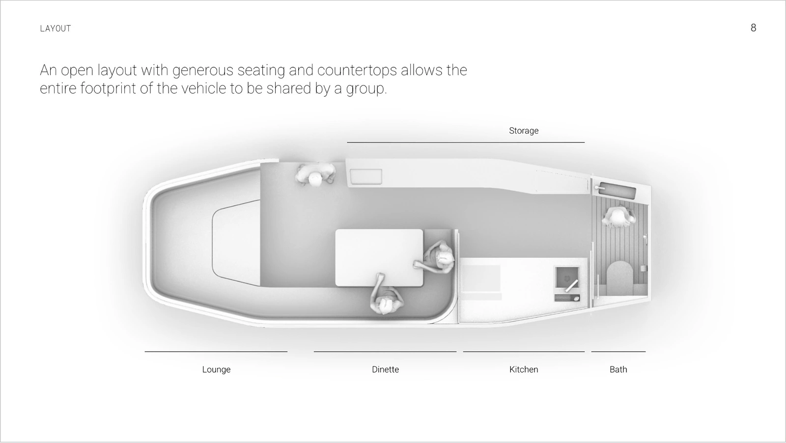 Early Lightship interior plan exploring an open lounge, dinette, kitchen and bath within the trailer footprint.