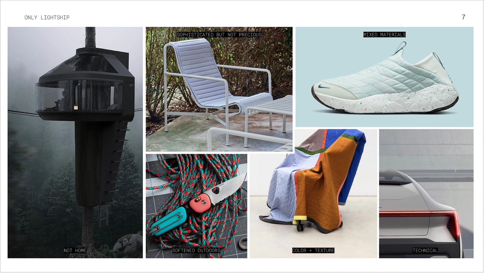 Lightship interior moodboard titled Only Lightship, combining modern architecture, outdoor equipment, mixed materials, color and technical references.