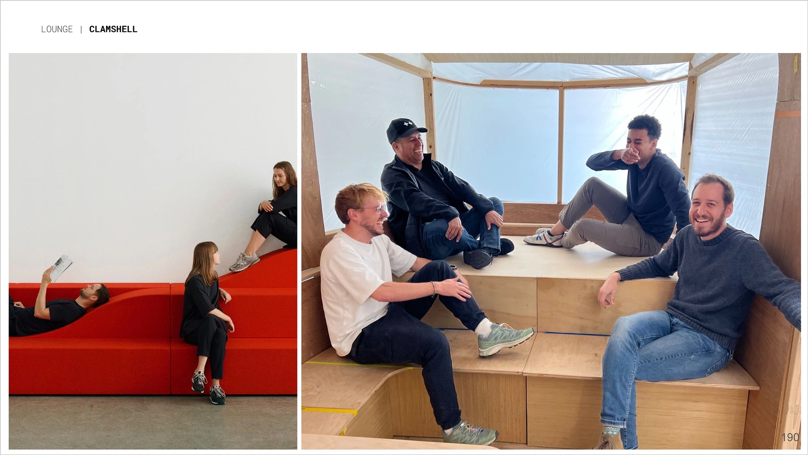 Lightship lounge-bed development showing full-scale seating studies and the team evaluating a plywood interior prototype.